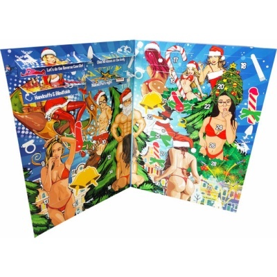 Calendário do advento com mulheres em estilo pin-up e motivos natalícios