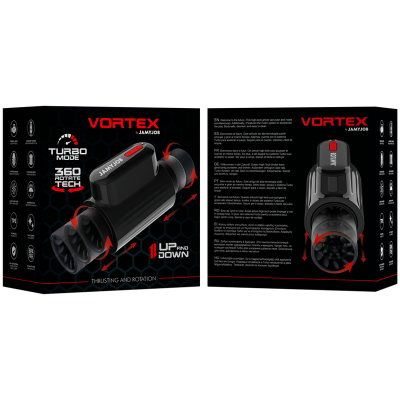 Embalagem do produto VORTEX JAMXJOB com ilustração e texto em preto e vermelho