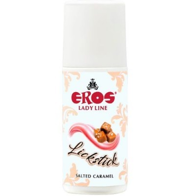 Frasco do produto EROS Lady Line Lickstick Salted Caramel com design decorativo e imagem de caramelos.