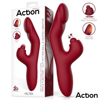 Vibrador vermelho de silicone com funções de triplo estímulo em embalagem branca