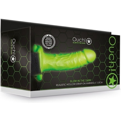 Produto Ouch! realizam Hollow Strap-On Harness verde fosforescente em caixa preta com padrão hexagonal