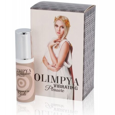 Frasco e caixa de produto cosmético OlimPYA Vibrating Pleasure com imagem de mulher loira.