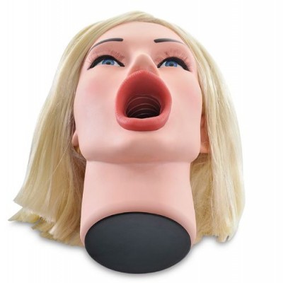 Cabeça de manequim feminina com cabelo loiro e boca aberta