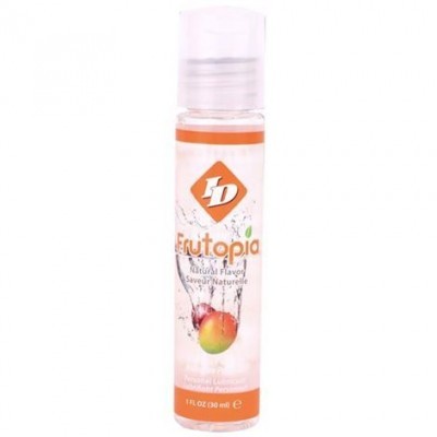 Frasco plástico transparente com tampa branca e rótulo Frutopia com imagem de pêssegos