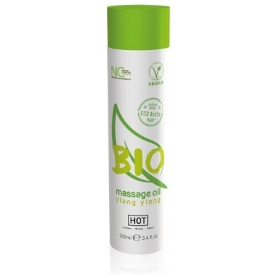 Frasco branco e verde de óleo de massagem BIO ylang ylang com texto e tampa verde