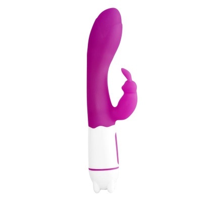 Vibrador cor-de-rosa e branco com extensão lateral em forma de coelho
