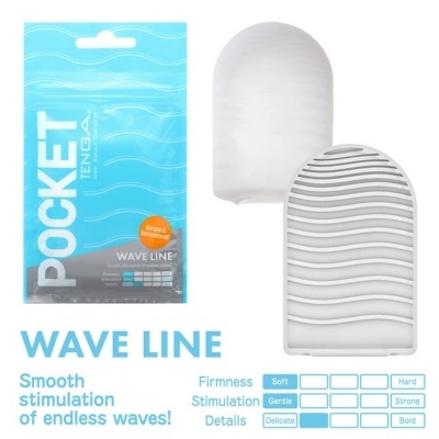 Embalagem azul e branca TENGA POCKET WAVE LINE e acessório sexual branco texturizado