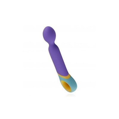 Vibrador roxo com punho azul e amarelo e fundo branco