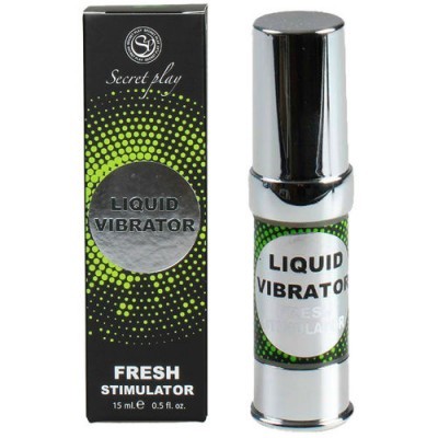 Frasco cromado e embalagem preta com produto Liquid Vibrator Fresh Stimulator