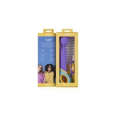 Vibrador roxo em embalagem amarela com detalhe azul e texto em inglês.