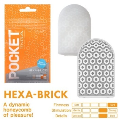 Tenga Pocket Hexa-Brick com embalagem laranja e padrão hexagonal branco e cinza