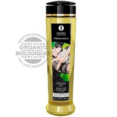 Frasco de óleo de massagem Shunga Organica amarelo com tampa preta e rótulo ilustrado