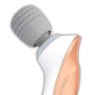 Massajador portátil branco e bege com cabeça cinza