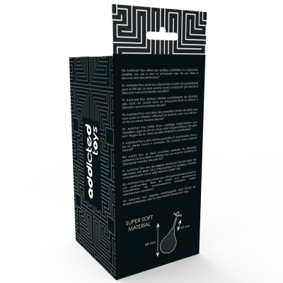 Embalagem preta com padrão geométrico branco e texto informativo