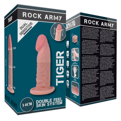 Embalagem azul de dildo ROCK ARMY Tiger com informações em português.