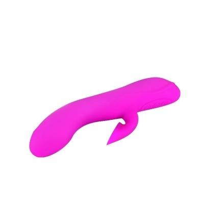 Vibrador rosa em silicone com design curvo e extensão pequena sobre fundo branco
