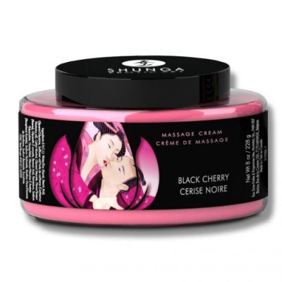 Frasco de creme de massagem Shunga Black Cherry com tampa preta e rótulo preto com ilustração de casal