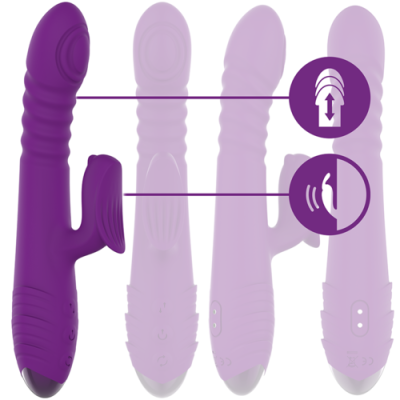Vibrador roxo com texturas e funções destacadas