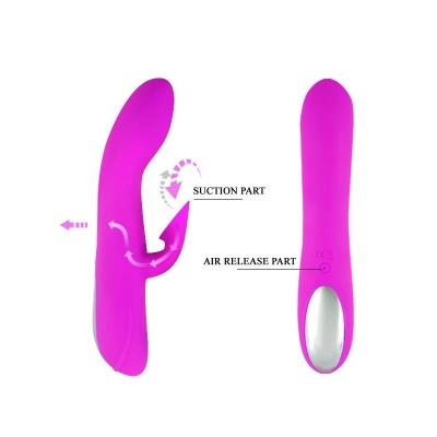 Vibrador rosa com partes de sucção e libertação de ar em fundo branco