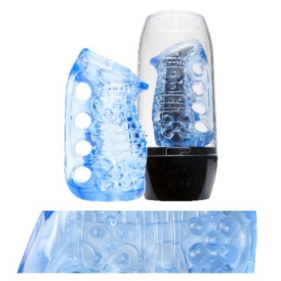 Dois dispositivos sexuais masculinos em silicone azul transparente com textura interna detalhada