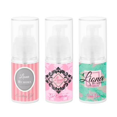 Três frascos transparentes de gel vibratório Liona By Moma com rótulos rosa, rosa claro e verde