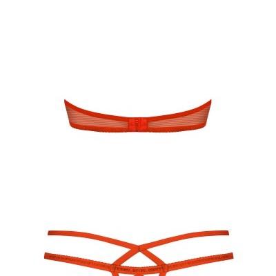 Conjunto de lingerie vermelho com sutiã e tanga de tiras e renda