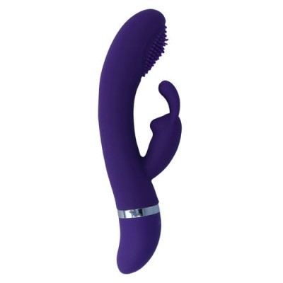 Vibrador roxo de silicone com cerdas numa extremidade e faixa prateada na base