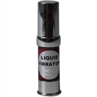 Frasco metálico prateado com etiqueta 'LIQUID VIBRATOR HOT STIMULATOR'