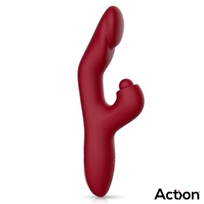 Vibrador vermelho anatómico com design curvo e estimulador adicional