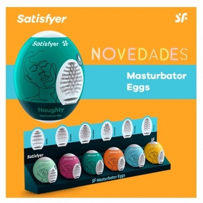 Expositor colorido Masturbator Eggs da marca Satisfyer com diferentes cores e texturas