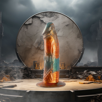 Produto escultórico translúcido em resina colorida sobre plataforma de madeira