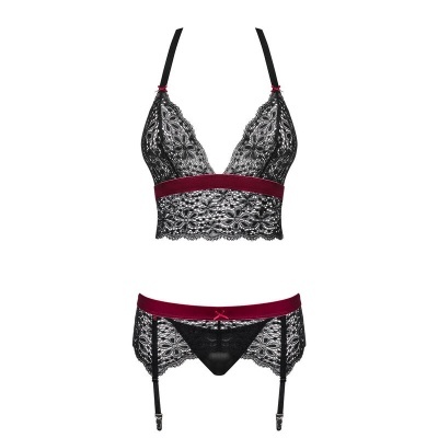 Conjunto de lingerie de renda preta com detalhes vermelhos escuros.