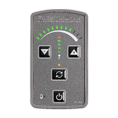 Dispositivo eletrónico cinza com botões e indicadores luminosos para electroestimulação