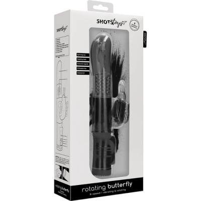 Vibrador rotativo preto em embalagem branca com texto