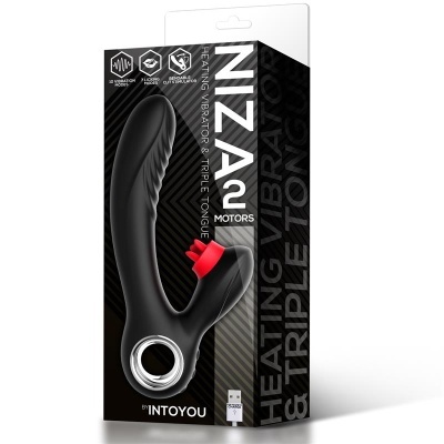 Embalagem preta com vibrador preto e vermelho, texto NIZA 2 MOTORS