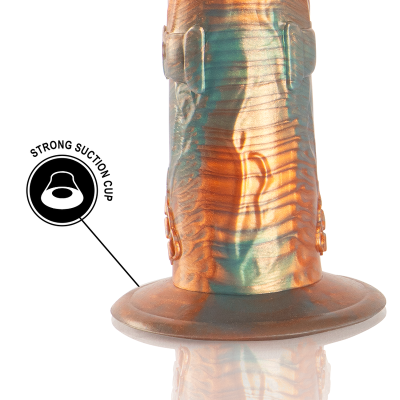 Base de dildo com ventosa forte em cores laranja e azul com textura realista.