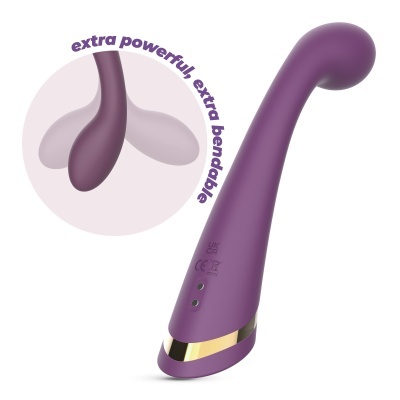 Vibrador roxo curvo com detalhes dourados e texto 'extra powerful, extra bendable'
