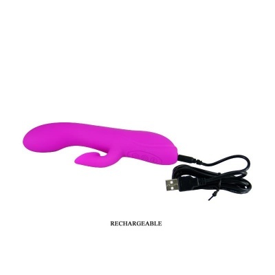 Vibrador cor-de-rosa com cabo USB preto e texto RECHARGEABLE