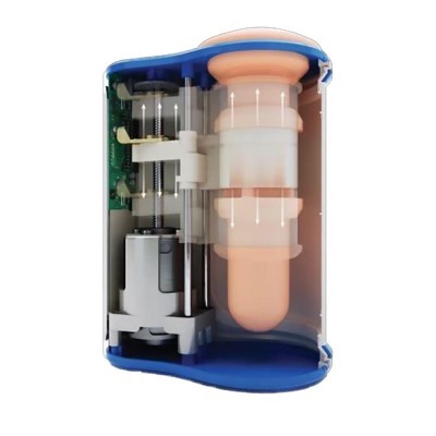 Dispositivo mecânico e electrónico com estrutura azul e branca e componentes internos visíveis