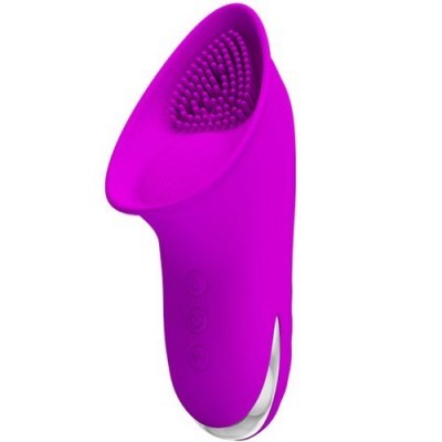 Produto silicone roxo com textura de cerdas e botões laterais.