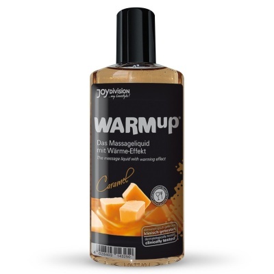 Frasco de líquido de massagem WARMup caramel com rótulo preto e tampa preta
