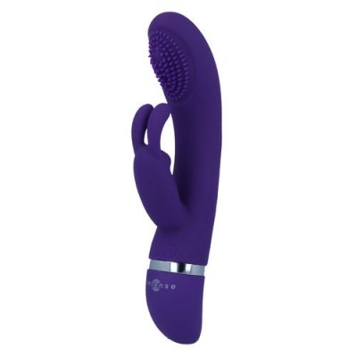 Vibrador roxo em silicone com textura e estimulador duplo