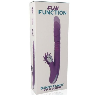 Embalagem de vibrador roxo com textura e anexo em forma de coelho