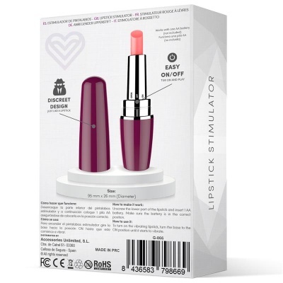 Embalagem branca de Lipstick Stimulator com batom roxo e rosa e textos informativos