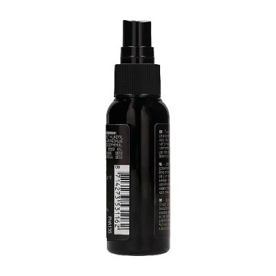 Frasco preto com spray e rótulo com texto e código de barras