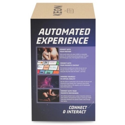 Embalagem de produto com texto em branco 'AUTOMATED EXPERIENCE', imagens ilustrativas e fundo azul escuro e bege