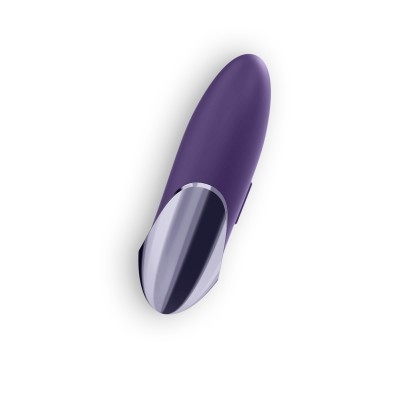 Vibrador pequeno roxo e cinza metálico sobre fundo branco