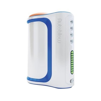 Dispositivo eletrónico branco e azul com botão laranja e indicador verde de bateria