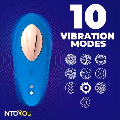 Dispositivo vibratório azul com 10 modos de vibração indicados e fundo azul com ondas