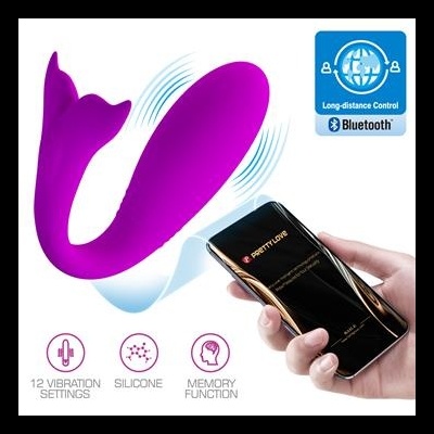 Vibrador roxo com controle remoto Bluetooth e ícones funcionais